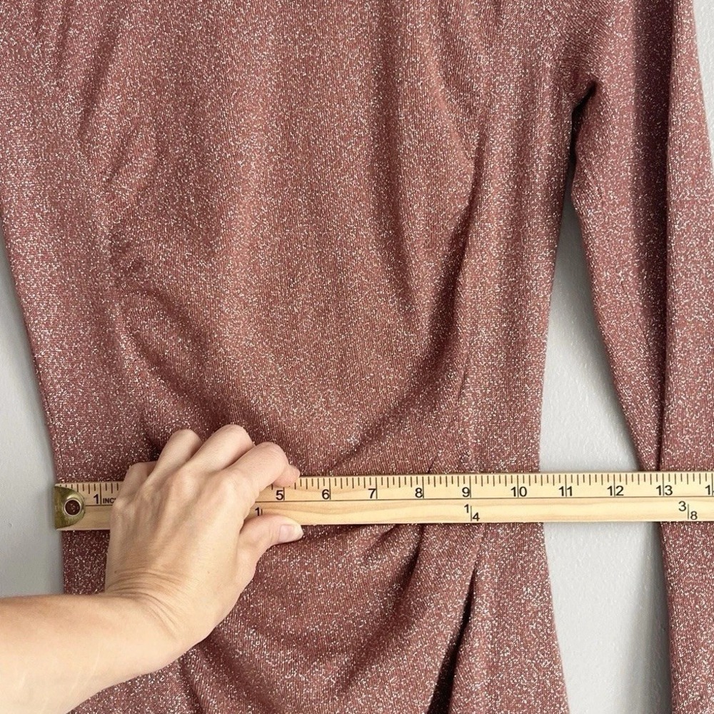 Express Ruched Metallic Bodycon Dress Tan Brown Salmon Mesh Sleeves M NWT - Picture 7 of 9